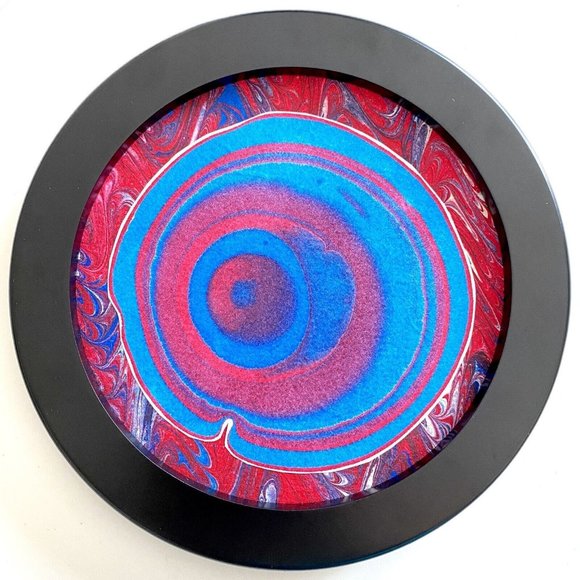 Blue Eye - Original Art Round Marbled Handmade Paper Painting Framed 7" - Picture 3 of 6